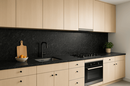 Modern black granite staircase with stylish wall cladding for luxury interiors